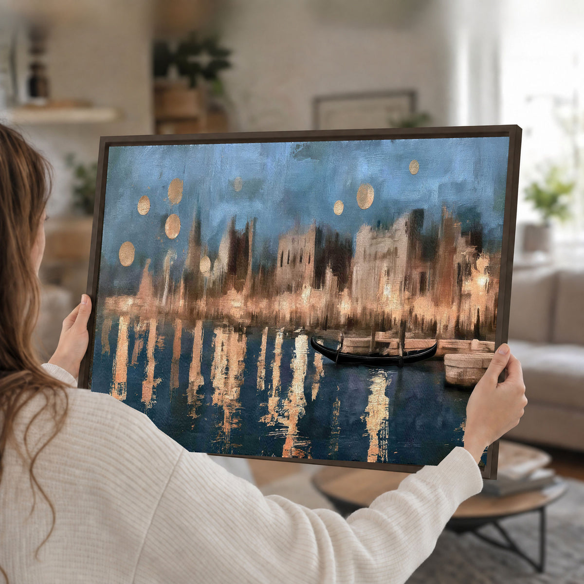 Venice twilight painting framed canvas wall art held in hands