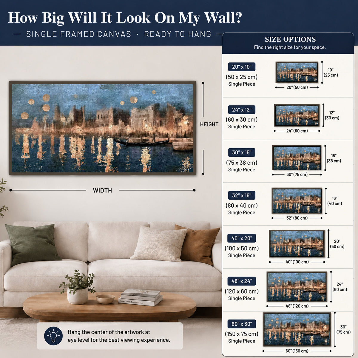 Venice twilight painting framed canvas wall art size guide above a sofa