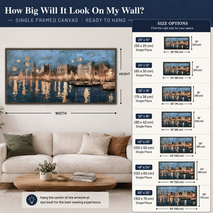 Venice twilight painting framed canvas wall art size guide above a sofa