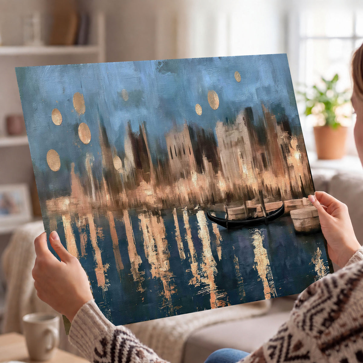 Venice twilight painting poster print held in hands
