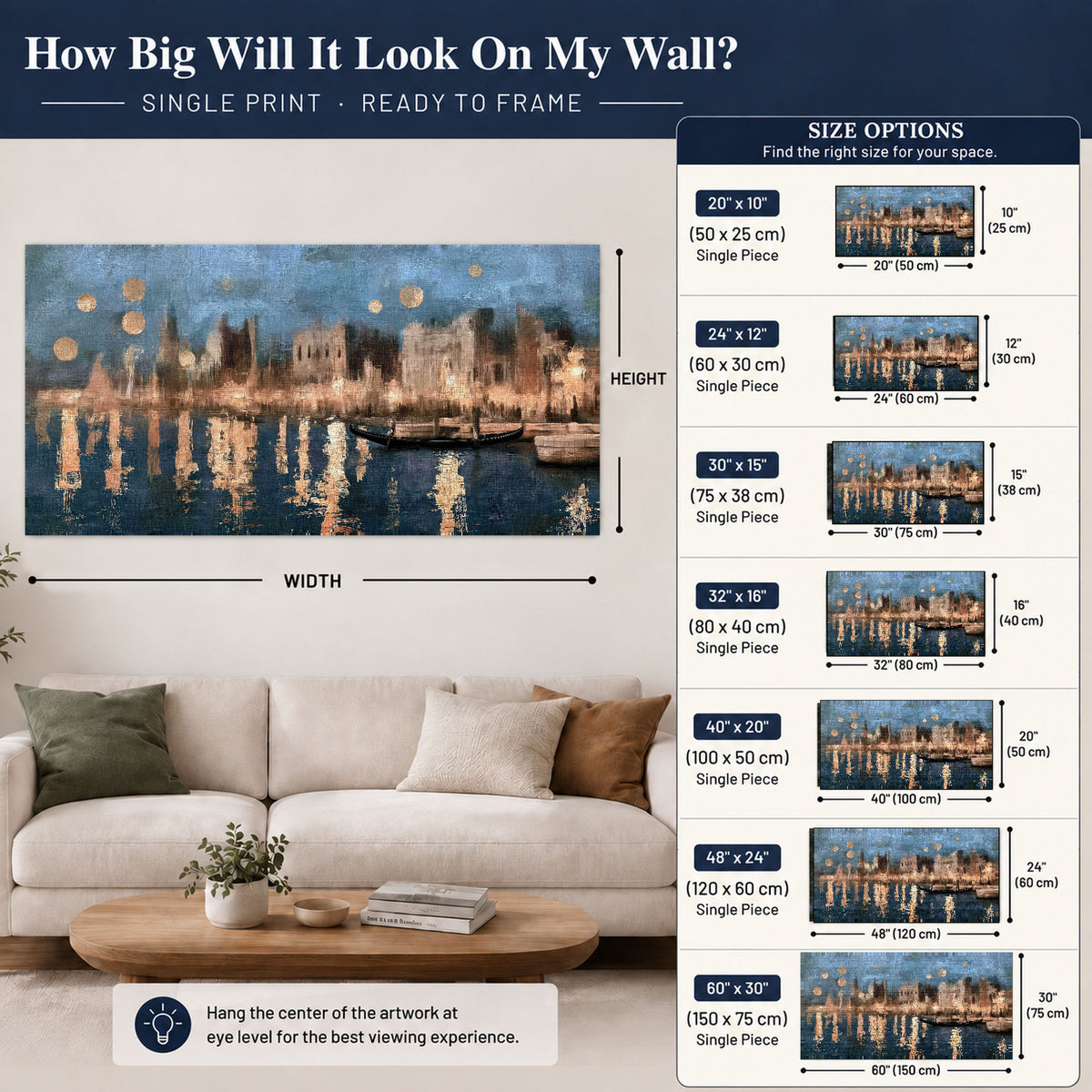 Venice twilight painting poster print size guide above a sofa