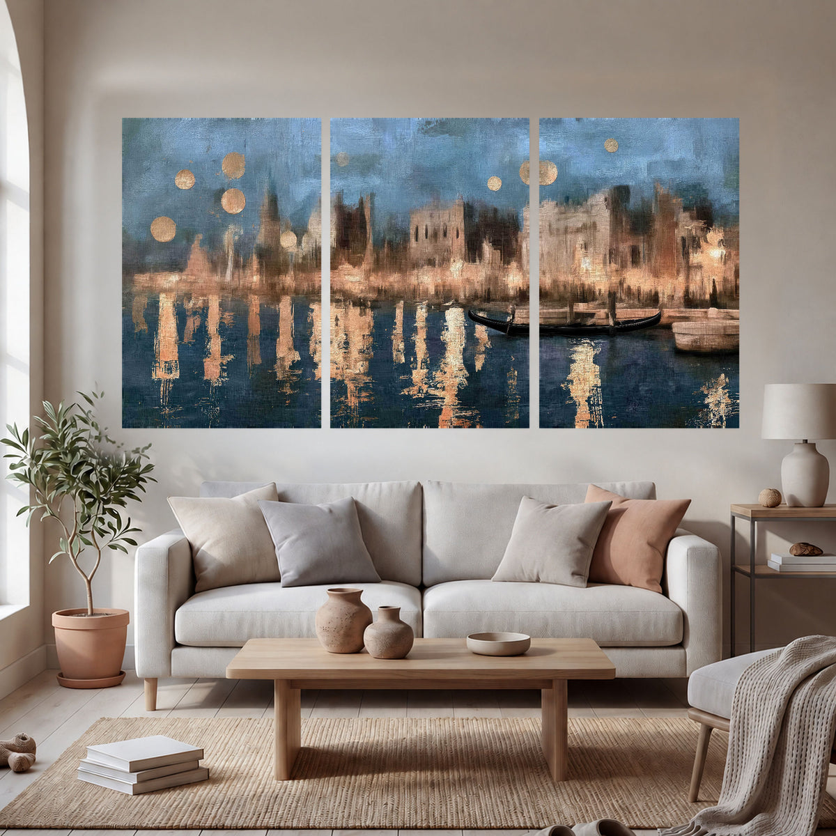 Venice twilight painting set of 3 poster prints in a bright living room