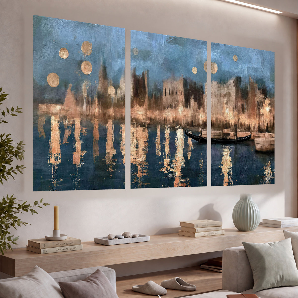 Venice twilight painting set of 3 poster prints in a living room above a console