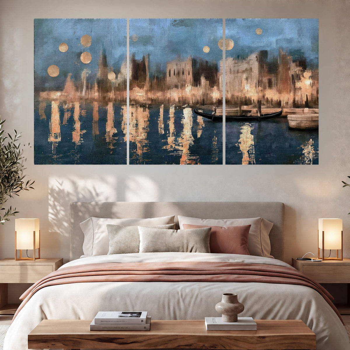 Venice twilight painting set of 3 poster prints in a bedroom above the bed