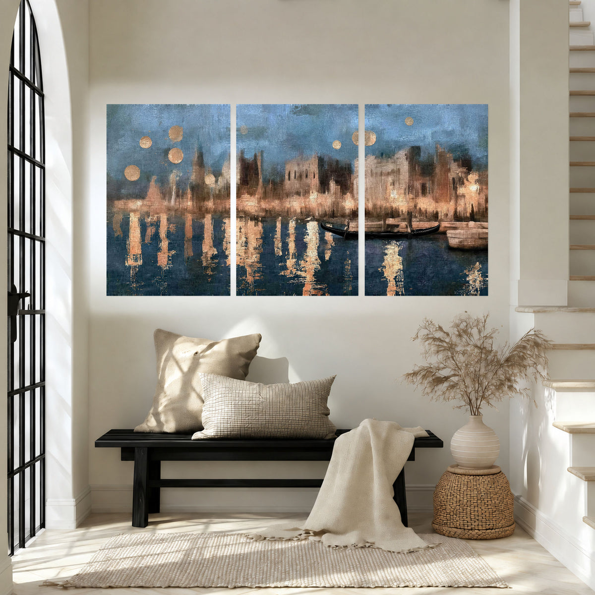 Venice twilight painting set of 3 poster prints in an entryway above a bench