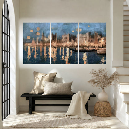 Venice twilight painting set of 3 poster prints in an entryway above a bench