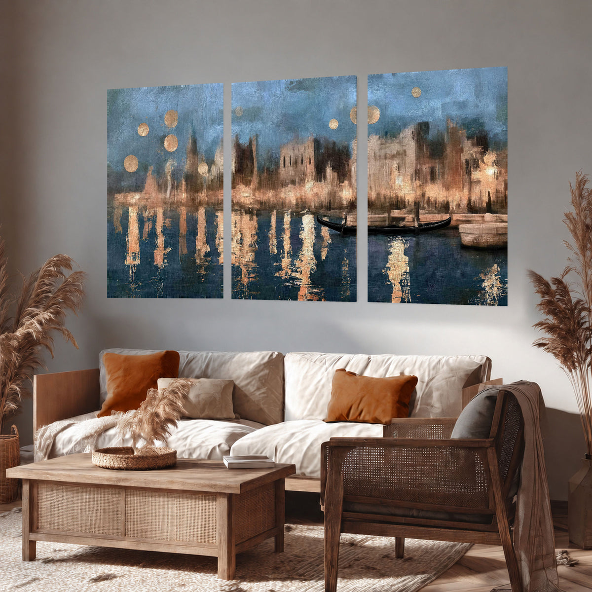 Venice twilight painting set of 3 poster prints in a rustic living room