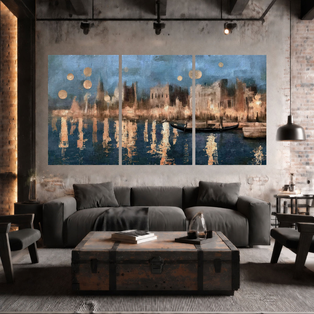 Venice twilight painting set of 3 poster prints in an industrial loft