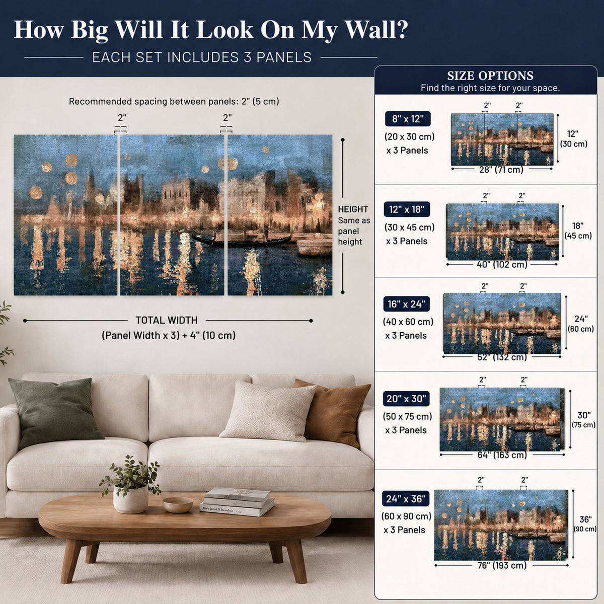 Venice twilight painting set of 3 poster prints size guide above a sofa