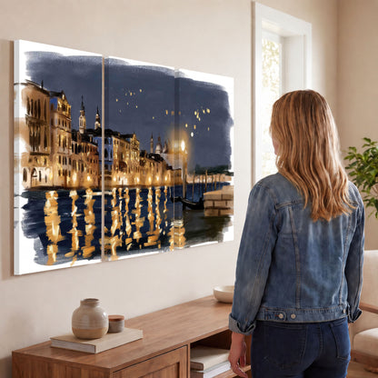 Venice night painting 3 piece canvas wall art in a living room