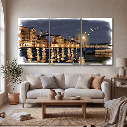 Venice night painting 3 piece canvas wall art in a bright living room