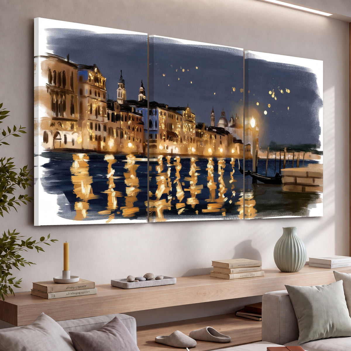 Venice night painting 3 piece canvas wall art in a living room above a console