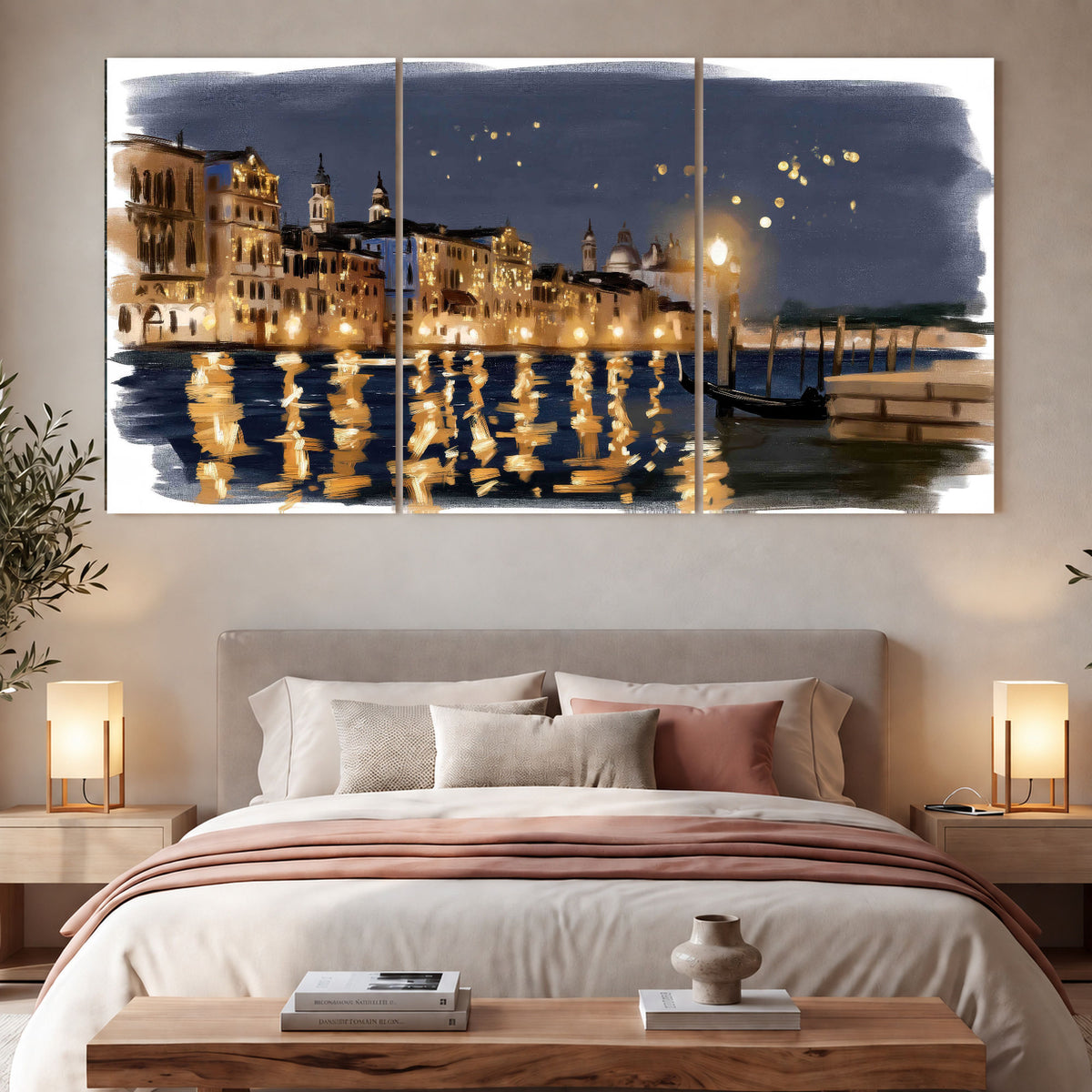 Venice night painting 3 piece canvas wall art in a bedroom above the bed