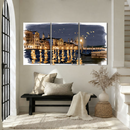 Venice night painting 3 piece canvas wall art in an entryway above a bench
