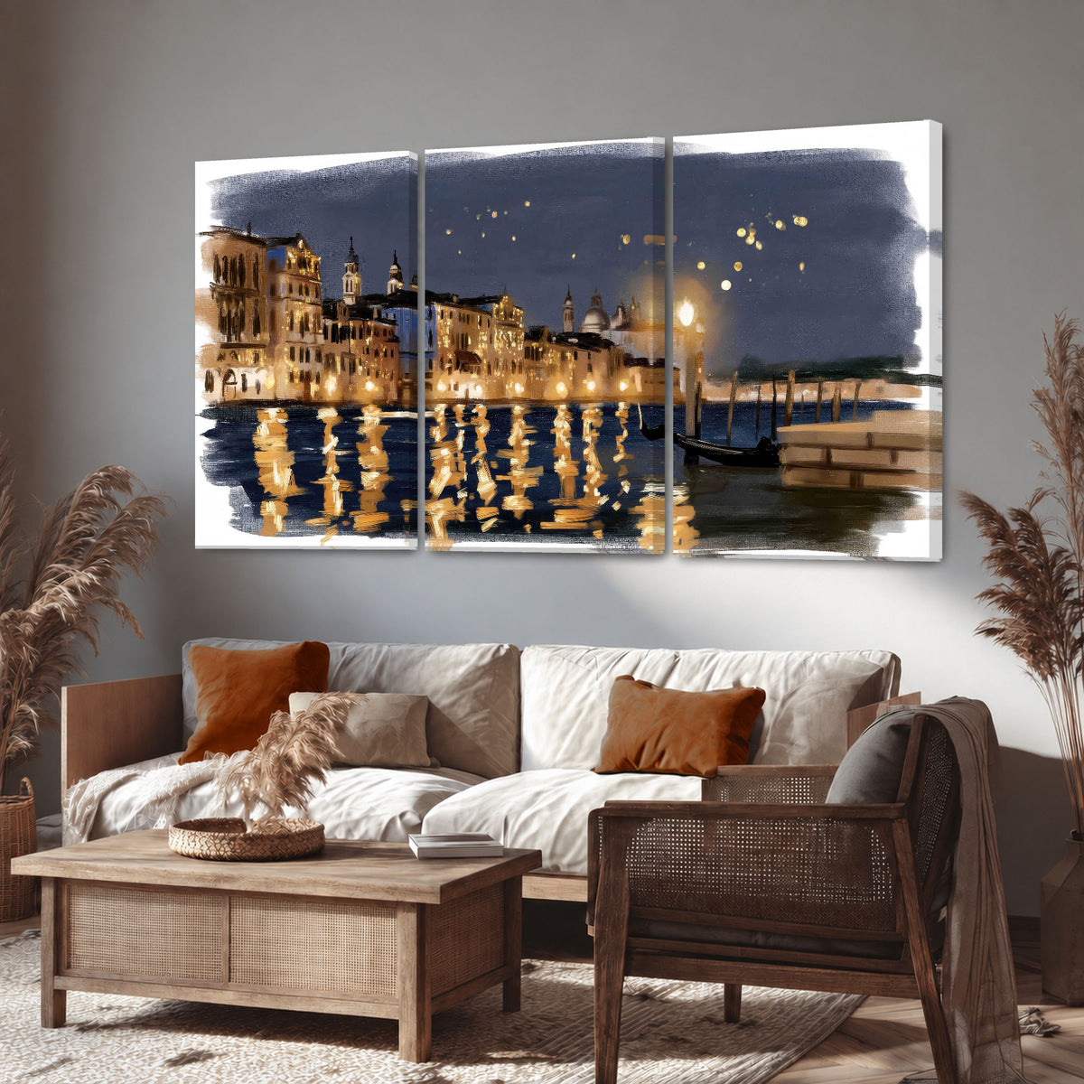 Venice night painting 3 piece canvas wall art in a rustic living room