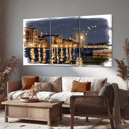 Venice night painting 3 piece canvas wall art in a rustic living room