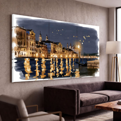Venice night painting 3 piece canvas wall art in a modern living room