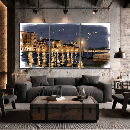 Venice night painting 3 piece canvas wall art in an industrial loft