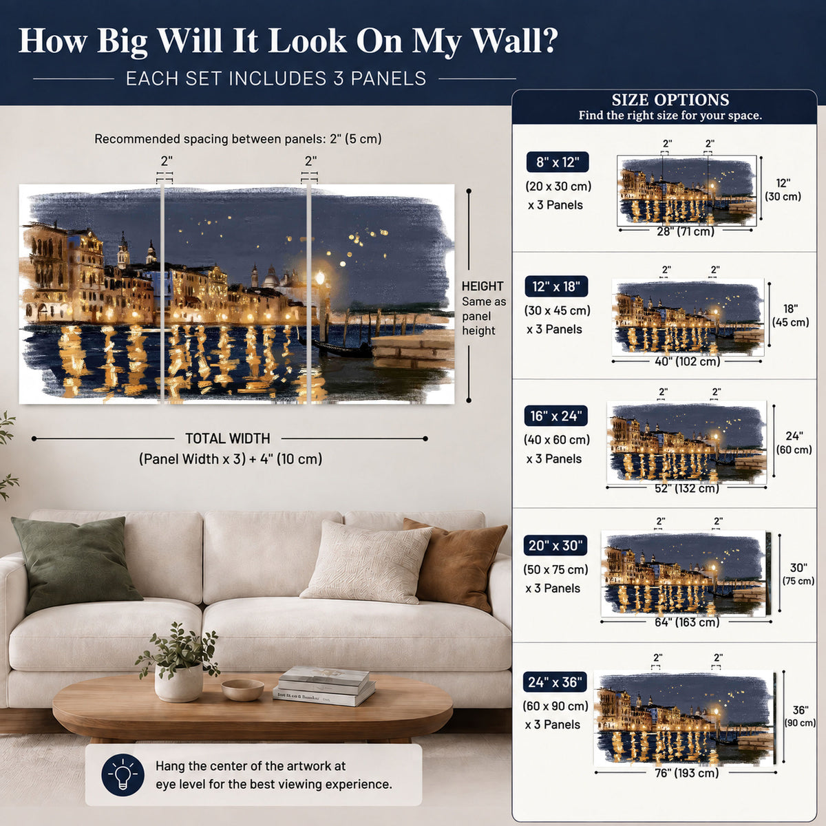 Venice night painting 3 piece canvas wall art size guide above a sofa