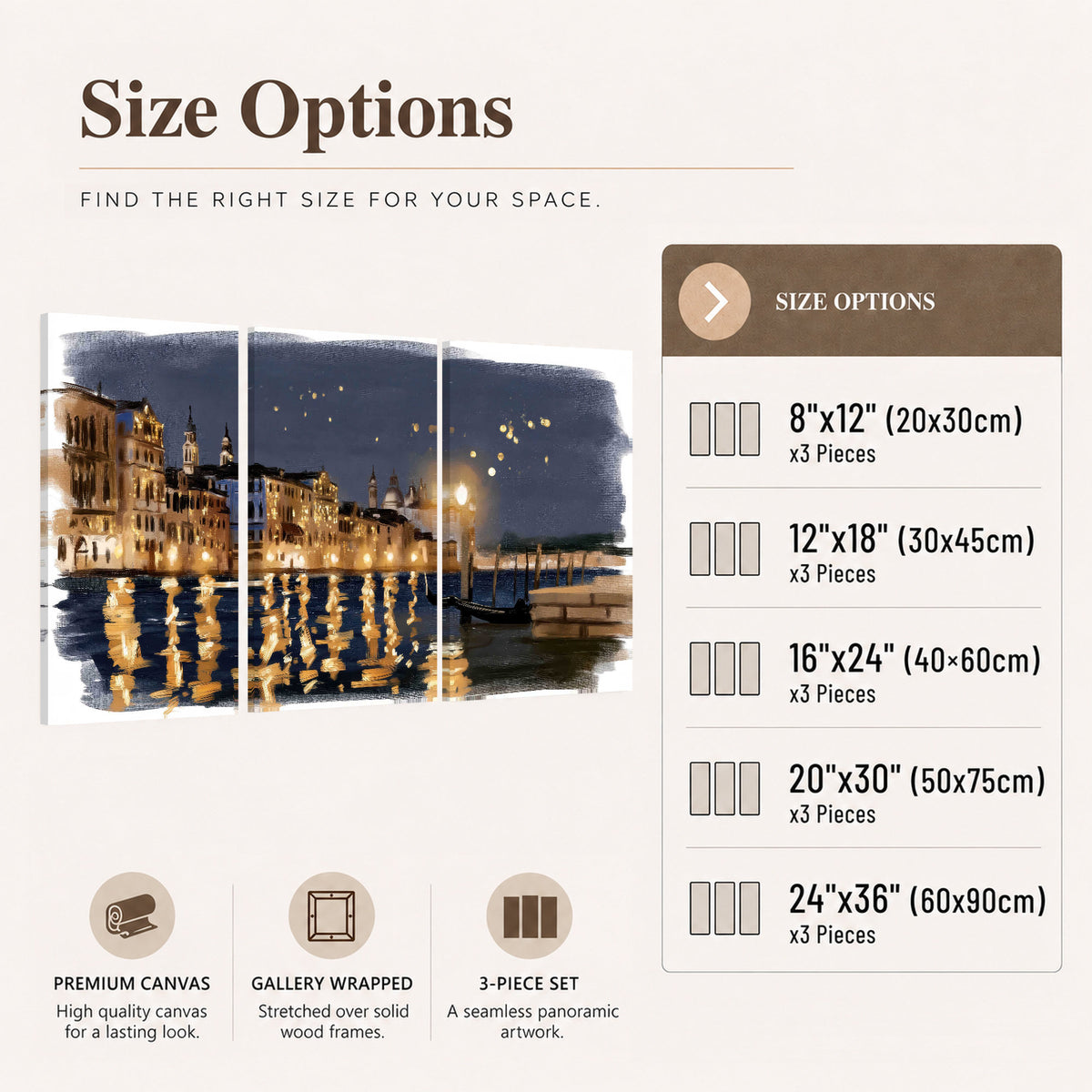 Venice night painting 3 piece canvas wall art size options