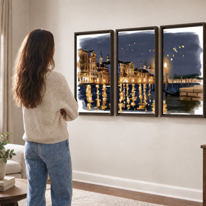 Venice night painting 3 piece framed canvas in a living room
