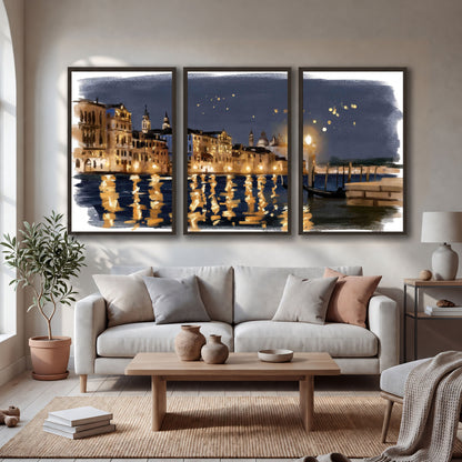Venice night painting 3 piece framed canvas in a bright living room