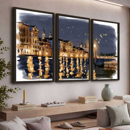 Venice night painting 3 piece framed canvas in a living room above a console