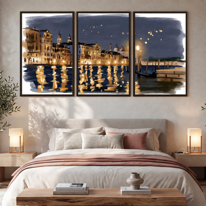 Venice night painting 3 piece framed canvas in a bedroom above the bed