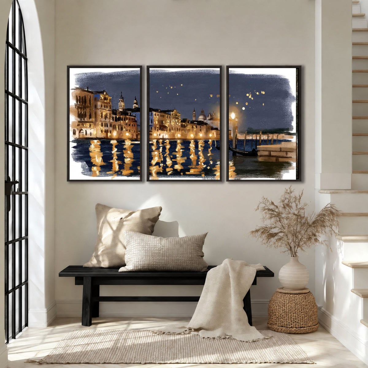 Venice night painting 3 piece framed canvas in an entryway above a bench