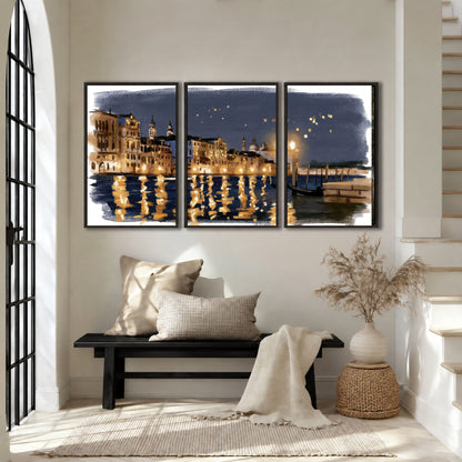 Venice night painting 3 piece framed canvas in an entryway above a bench