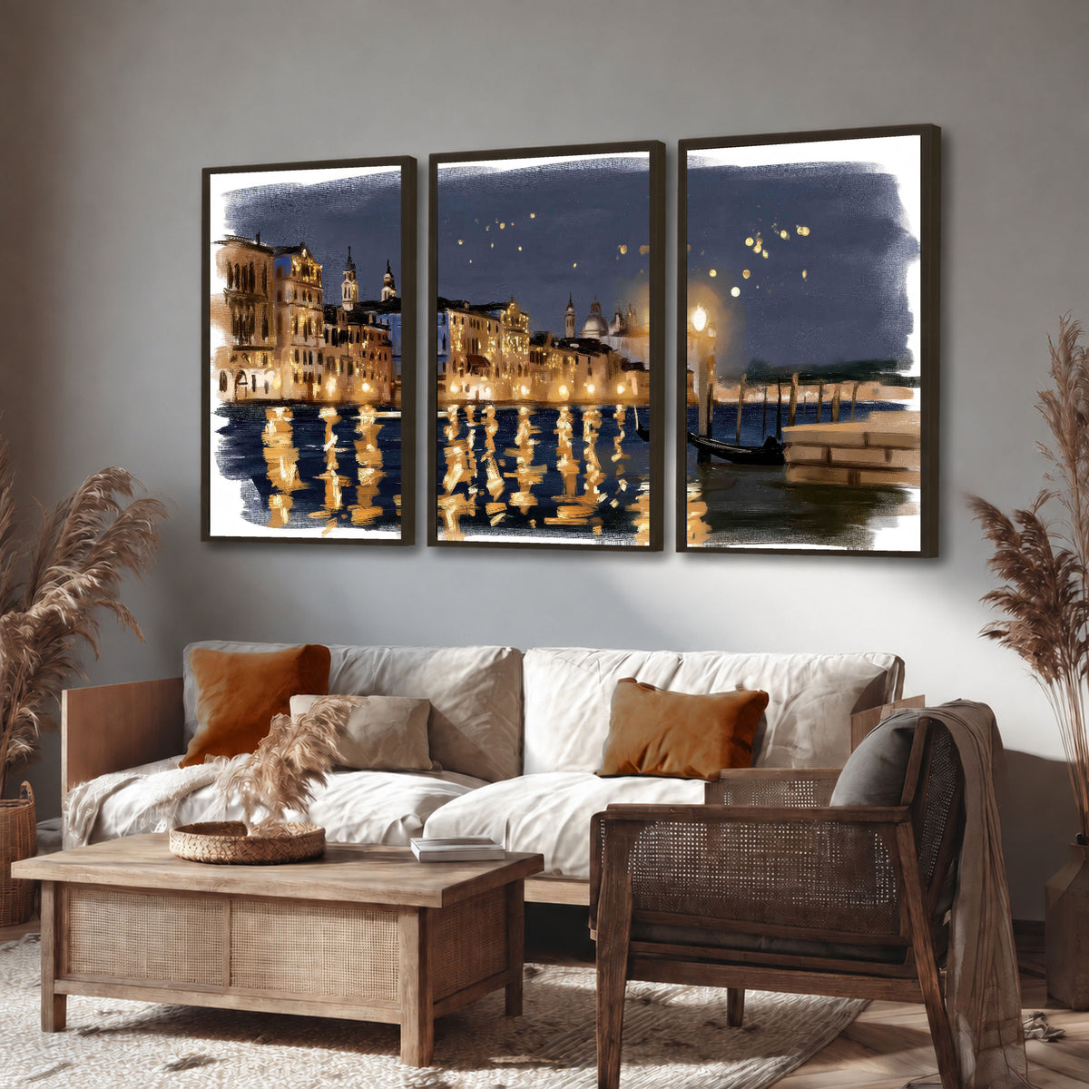 Venice night painting 3 piece framed canvas in a rustic living room