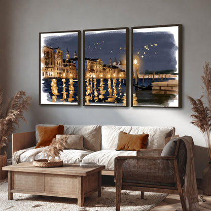 Venice night painting 3 piece framed canvas in a rustic living room