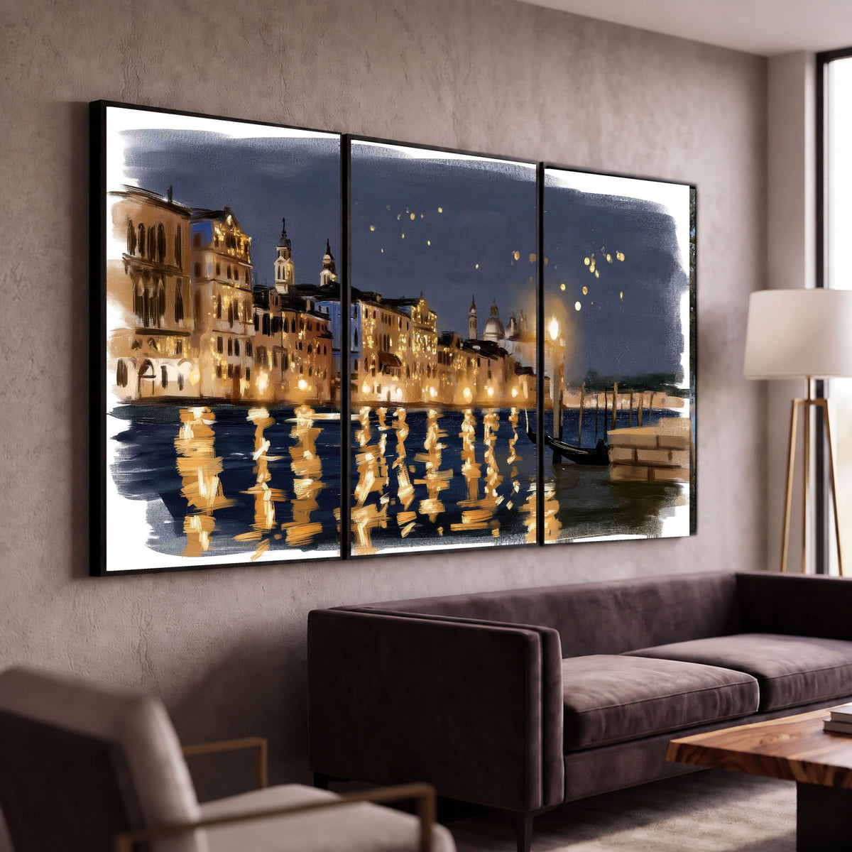 Venice night painting 3 piece framed canvas in a modern living room
