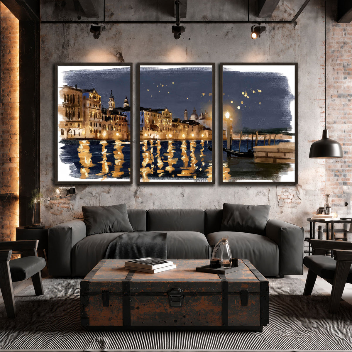 Venice night painting 3 piece framed canvas in an industrial loft