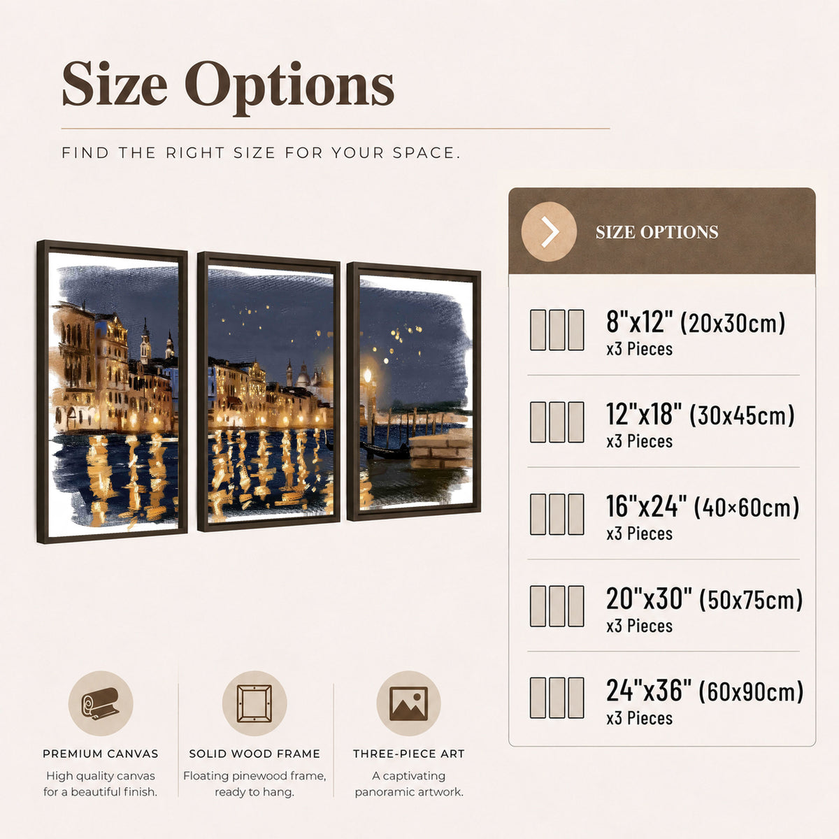 Venice night painting 3 piece framed canvas size options