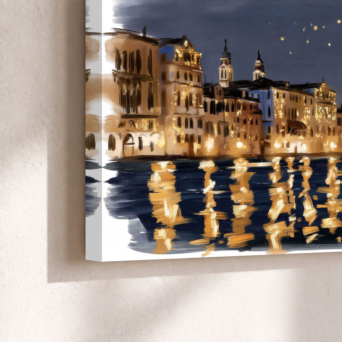Venice night painting canvas print close-up showing the gallery-wrapped edge