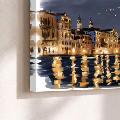 Venice night painting canvas print close-up showing the gallery-wrapped edge