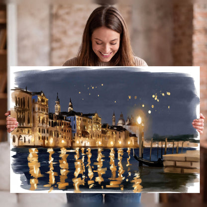 Venice night painting stretched canvas wall art held in hands