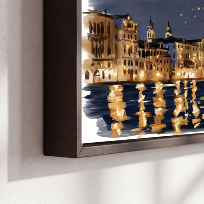 Venice night painting framed canvas close-up showing the floating frame