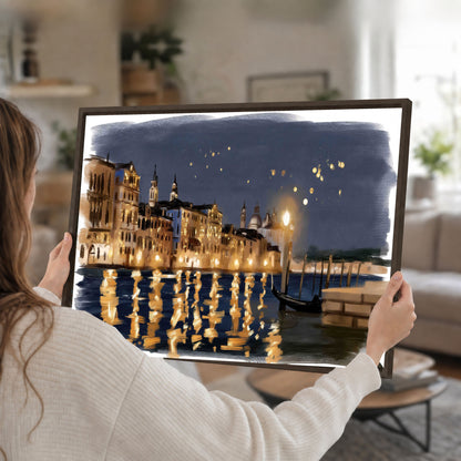 Venice night painting framed canvas wall art held in hands