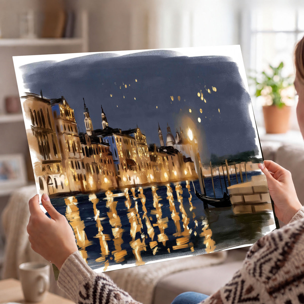 Venice night painting poster print held in hands