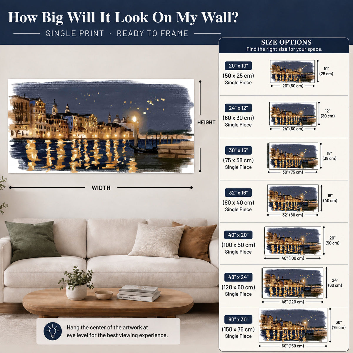 Venice night painting poster print size guide above a sofa