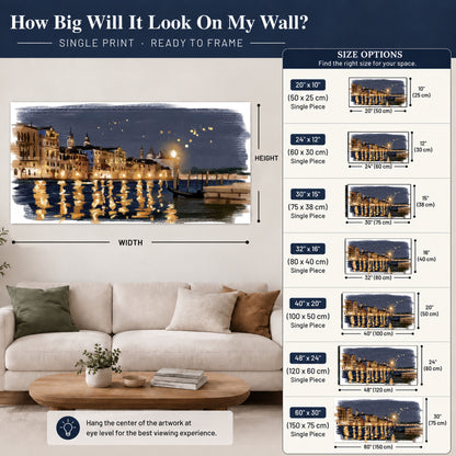 Venice night painting poster print size guide above a sofa