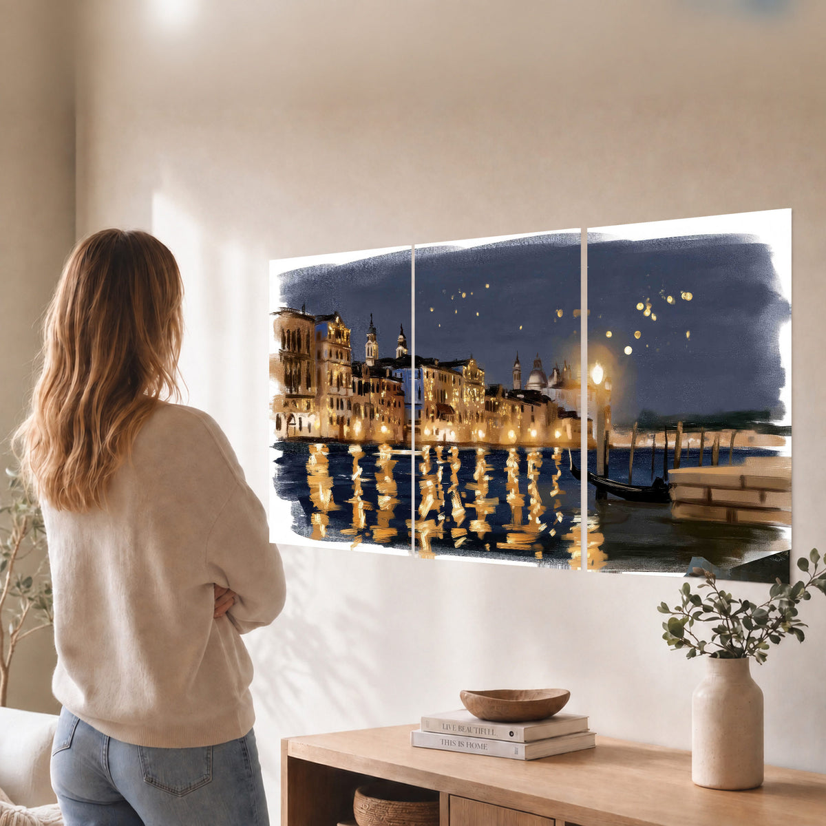 Venice night painting set of 3 poster prints in a living room