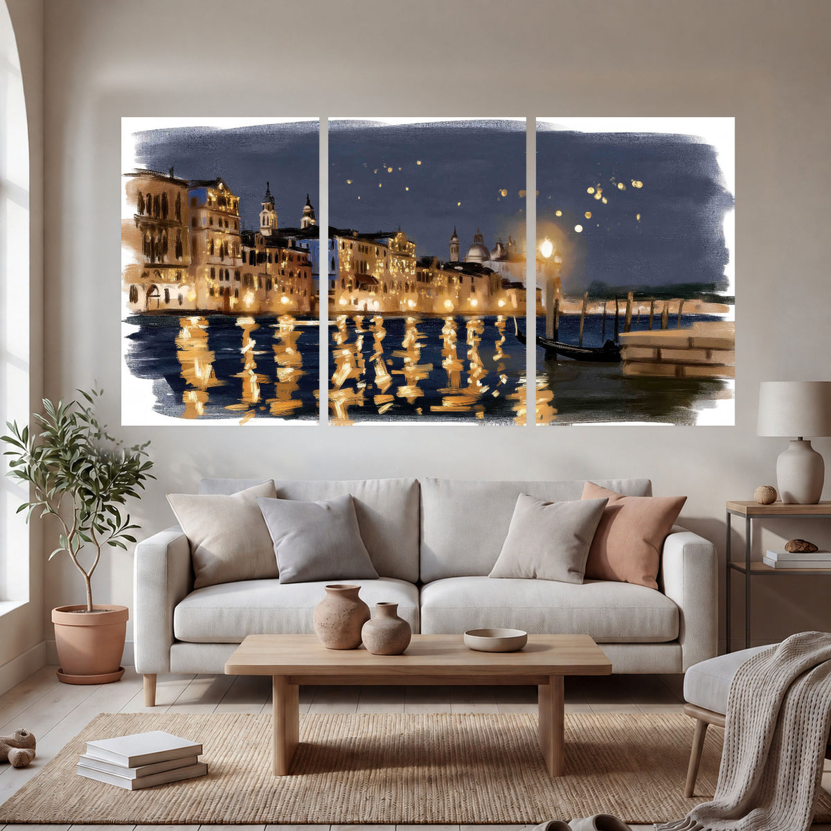 Venice night painting set of 3 poster prints in a bright living room