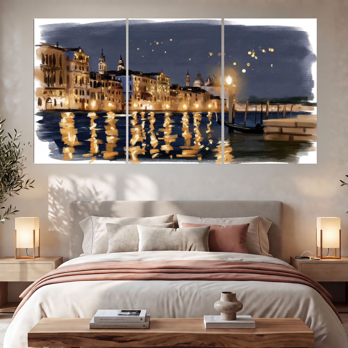 Venice night painting set of 3 poster prints in a bedroom above the bed
