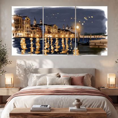 Venice night painting set of 3 poster prints in a bedroom above the bed