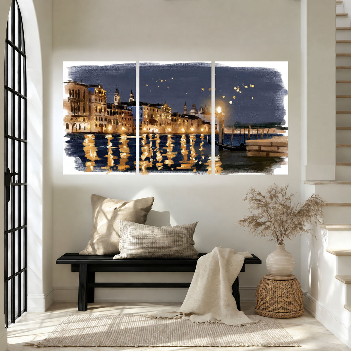 Venice night painting set of 3 poster prints in an entryway above a bench