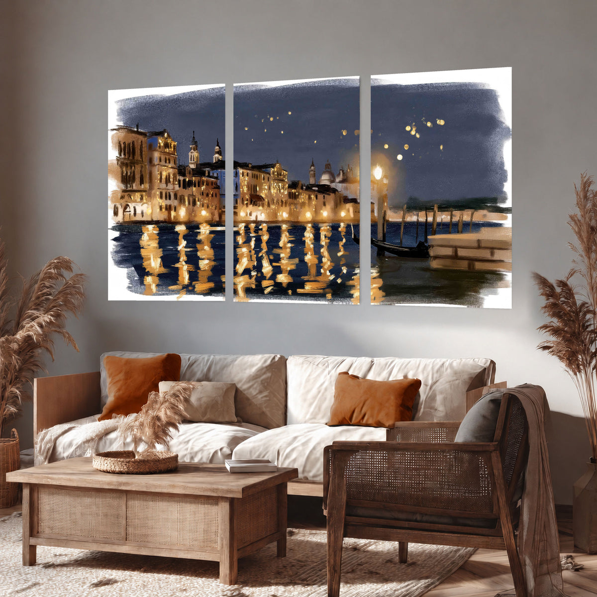 Venice night painting set of 3 poster prints in a rustic living room