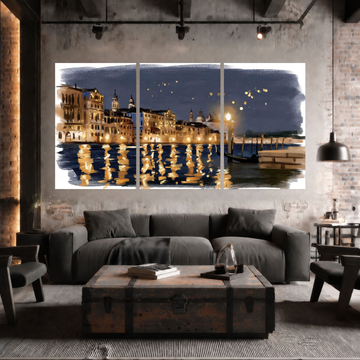 Venice night painting set of 3 poster prints in an industrial loft